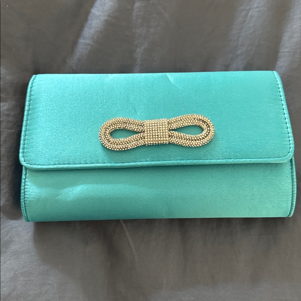 Elegant Teal Clutch with Gold Bow Accent